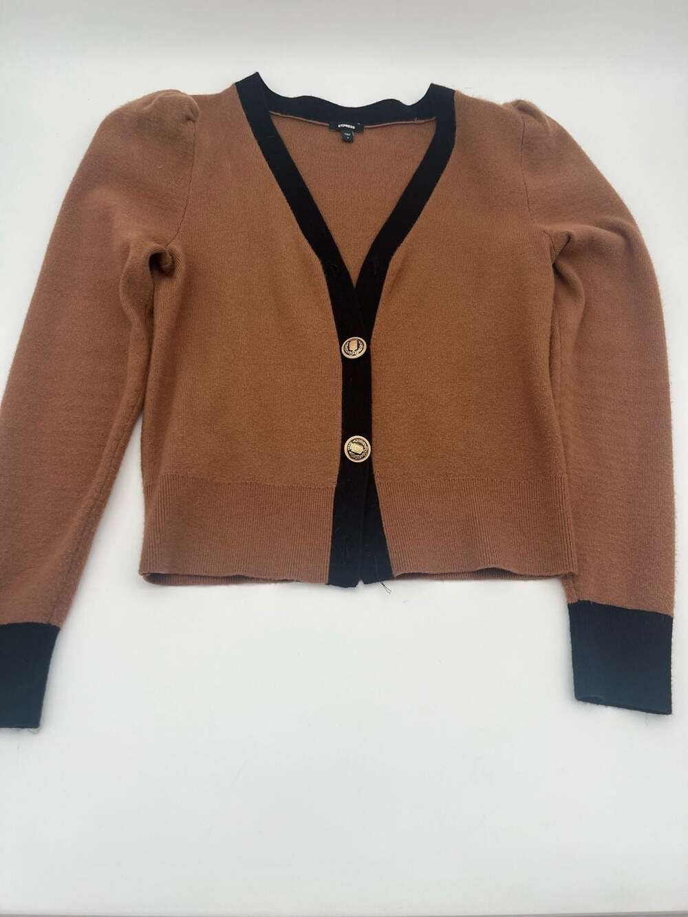 Express Women's Brown Black Contrast Trim V-Neck Cardigan Sweater Size S Flaw